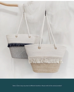 Detail of bohemian cotton rope woven tote bags featuring fringe and sturdy rope handles