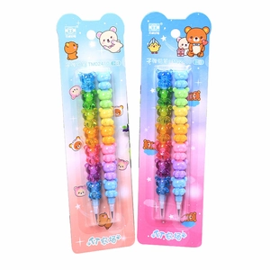 Detail of multi-color bear shaped stackable pencils in transparent blister packaging