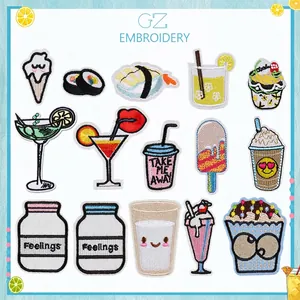 Embroidery Patches Food Drink Cupcake Sushi Cocktail Ice Cream DIY Sew Iron On Applique For Clothes Bags