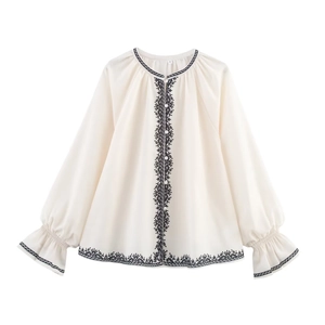 Women Ethnic Embroidery Blouse Long Lantern Sleeve Round Neck Off White Polyester Linen Folk Style Shirt Top