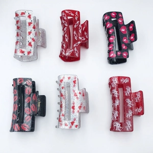 Acrylic Heart Lip Print Hair Claw Clips Valentine Day Glitter Rectangular Large Shark Clip Hair Accessories For Women