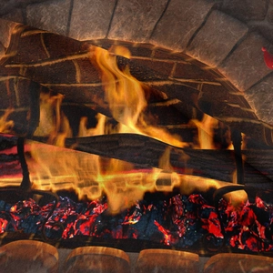 Detailed close-up of high-quality Christmas tapestry with realistic burning fireplace print