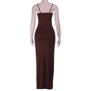 Back view of a brown bodycon maxi dress featuring a backless design and slim spaghetti straps