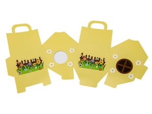 Flat lay showing the yellow cardboard gift box template with floral and garden patterns