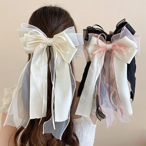 Large Bow Hair Clip Oversized Ribbon Organza Long Streamer Spring Clip For Women Elegant Sweet Fairy Hair Accessory