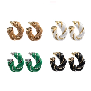 Set of four twist leather weave hoop earrings in brown, white, green and black styles