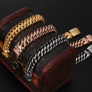 Bracelets gourmette hip-hop pour homme en acier inoxydable, tons or, or rose et noir