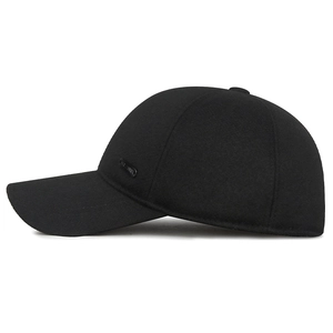 Classic black winter baseball cap for men with warm ear protection and metal logo detail