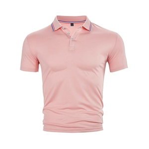 Detail of pink polo shirt collar featuring distinctive red, white and blue striped trim