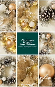 Detail view of a 40cm Christmas wreath with LED lights, golden baubles and pine cones