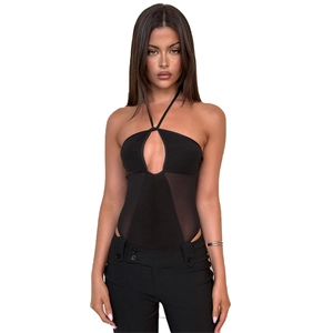 Sexy zwarte halter bodysuit met mesh uitsnijdingen in de taille en transparant design