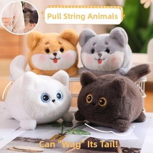 Pull-string plush animals featuring wagging tails in Shiba Inu and cat designs