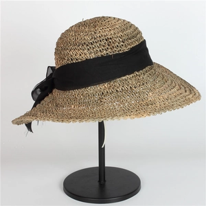 Elegant wide brim straw hat with black bow, foldable sun protection beach hat for women