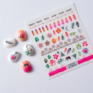 Detailed 5D embossed nail stickers featuring bohemian dreamcatchers and colorful feathers