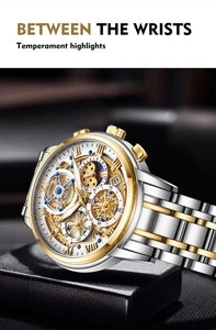 Macro detail of men's two-tone skeleton watch dial with gold accents and sub-dials