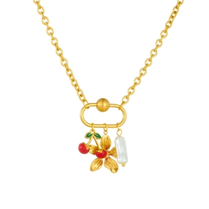 18K gold plated stainless steel necklace with cherry, flower and baroque pearl charms