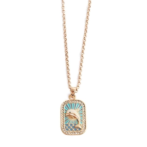 Golden tarot-style necklace featuring a blue enamel dolphin pendant with seaside motifs