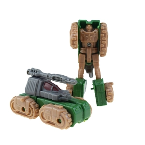 Detailed comparison of green army tank and transformation robot toy with star emblem