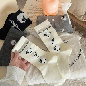 Cute Cartoon Sheep Embroidered Mid Tube Slouch Socks Women Soft Kawaii Polyester Cotton Blend Japanese Korean Ins Style