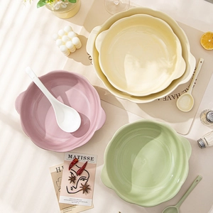 Creative cream INS style large ceramic soup bowls with dual handles in pastel colors