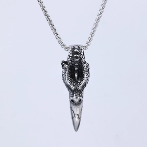 Gothic dragon skull pendant necklace in vintage silver finish with thick chain links