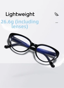 Macro view of black cat-eye glasses frame with 26.6g lightweight feather detail
