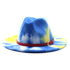 Tie-dye felt fedora hat in blue, yellow, and white with red leather band and gold buckle