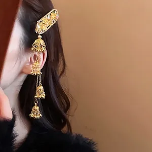 Vintage Ethnic Gold Alloy Rhinestone Flower Hair Clip With Hollow Bell Tassels Retro Duckbill Hairpin For Women