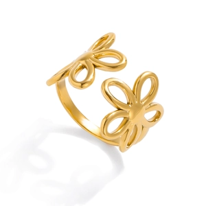 Minimalist 18K gold plated stainless steel open ring with hollow flower design