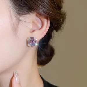 Vintage square stud earrings with purple gemstone and diamond halo for women