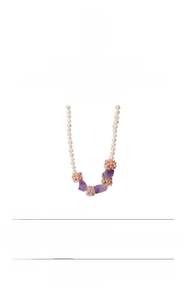 Detailed view of freshwater pearl and amethyst floral necklace with 18k gold plating
