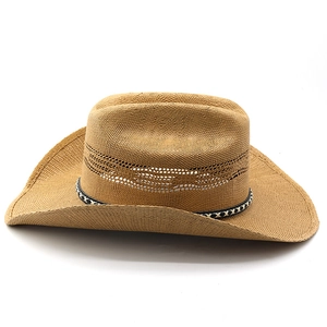 Detailed close-up of straw cowboy hat featuring breathable woven holes and patterned band