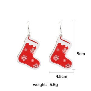Detailed view of Christmas stocking acrylic earrings with snowflake pattern and size guide