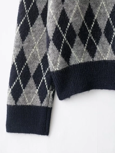 Detail of argyle knit sweater showing ribbed cuffs and textured navy blue fabric