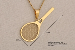 Macro detail of stainless steel tennis racket pendant with 50mm x 19.7mm dimensions