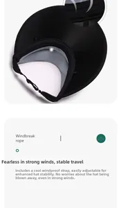 Detail of breathable mesh lining and adjustable windbreak rope on a black sun hat