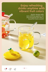 Detail of 450ml glass mug set with shiba inu patterns and fruit shaped lids
