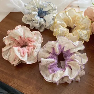 Floral Fabric Scrunchies With Lace Edge Oversized Elastic Hair Ties Sweet French Style Ponytail Holder Women