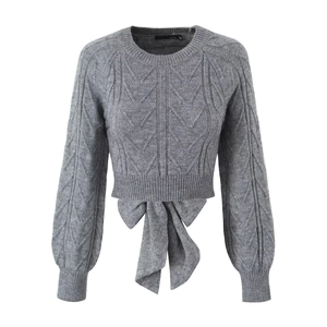 Grey cropped cable knit sweater with long sleeves and large bow detail at the hem