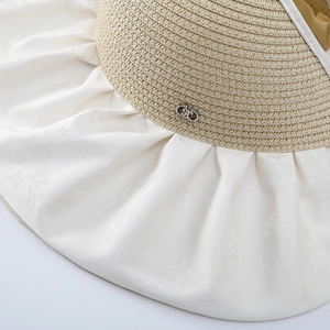 Women's summer sun hat with wide brim, straw top and floral jacquard pattern detail