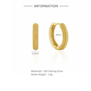 Detail showing 925 sterling silver dot hoop earrings with size measurements and 1.8g weight