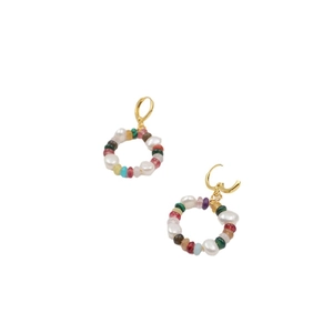 Colorful beaded hoop earrings with pearls and golden clasps on a white background