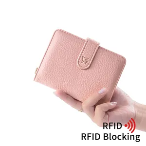 Pink lychee grain leather neck passport holder with RFID blocking and airplane emboss