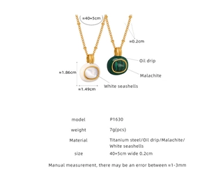 Detail specifications of geometric titanium steel necklaces with malachite and shell pendants