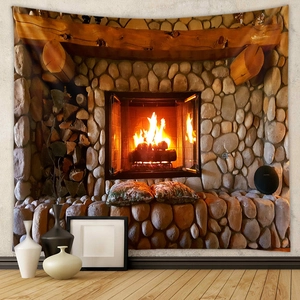 Detail of bohemian tapestry featuring a realistic fireplace scene with cozy stone texture