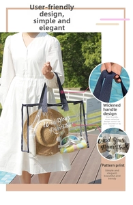 Detail showing reinforced blue wide handles and artistic print on transparent beach bag