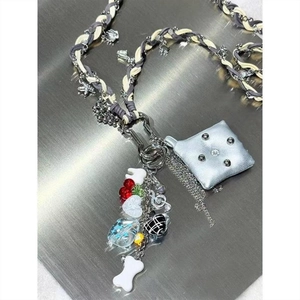Handmade Long Necklace Woven Rope Alloy Charms Heart Cherry Bone Dolphin Y2K Punk Style Women Sweater Chain Bag Charm