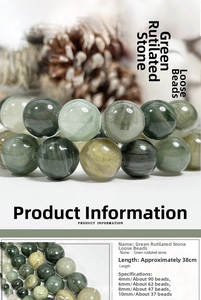 Macro shot of natural green rutilated quartz beads with 38cm strand size specifications
