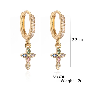 Exquisite gold-plated cross earrings with colorful zircons on a white background