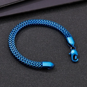 Close-up of a blue metallic snake chain bracelet with a secure lobster clasp closure